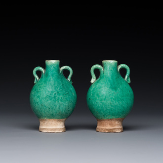 A pair of Chinese green-glazed miniature vases, Ming