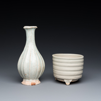 A Chinese qingbai wall pocket vase and a three-legged incense burner, Song