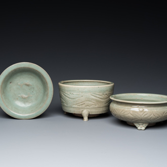 A Chinese Longquan celadon 'twin fish' dish and two censers, Song and/or later