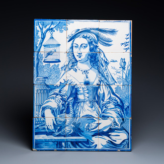 A Dutch Delft blue and white tile mural with a lady and her birds, 19th C.