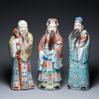Three Chinese famille rose figures of star gods, Zhu Rong Ji Zao 朱榮記造 mark, 19/20th C.