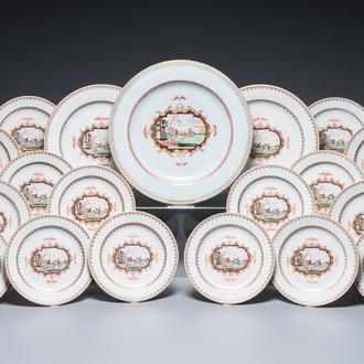 19 Chinese famille rose Meissen-stijl borden en schotels met decor van een ruiter, Qianlong