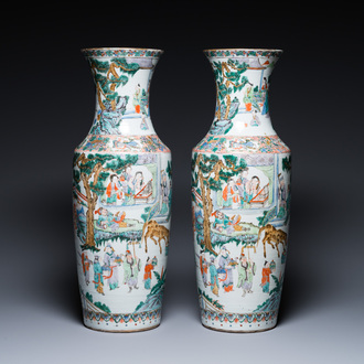 A pair of Chinese Canton famille verte vases with garden scenes, 19th C.