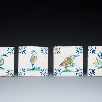 Four polychrome Dutch Delft 'bird' tiles, 17th C.