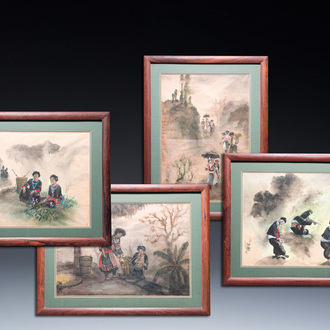 Pham Minh Duc (Vietnam, 20th C.): Four various landscapes with figures, ink and colour on paper