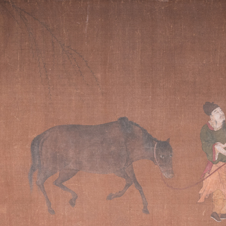 Bo Yuan 伯遠: 'A groom leads a horse', ink and colour on silk, probably Ming