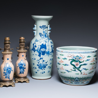 A Chinese blue and white celadon-ground vase, a pair of Nanking vases and a famille verte fish bowl, 19th C.