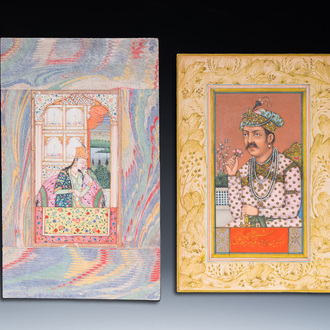 Twee Indische school miniaturen: 'Portret van de derde Mogolse keizer Akbar de Grote' en 'Portret van een prinses', 19e eeuw