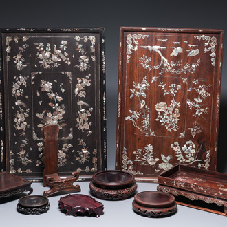 Six Chinese wooden stands and three trays with inlay of mother-of-pearl, 19/20th C.