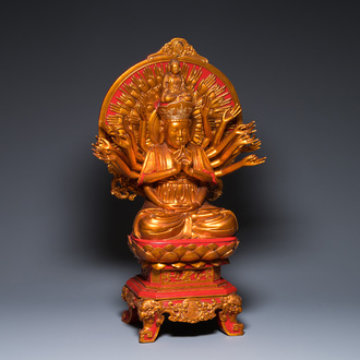 A large Vietnamese red-and-gilt-lacquered wood sculpture of Avalokitesvara with 18 arms, 19/20th C.