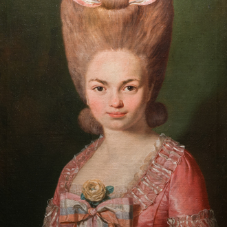 French school: Portrait of Mademoiselle de Mirabelle, oil on canvas, 18th C.