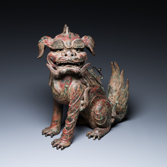 A large Chinese bronze Buddhist lion censer, probably Ming