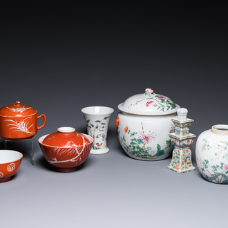 Four Chinese famille rose wares and three with coral-red-ground, 19/20th C.