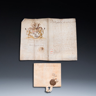 A Flemish armorial manuscript on parchment and a second one, dated 1587 and bearing a seal, 16th C.
