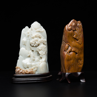 A Chinese brown jade inscribed seal stamp and a white jade 'mountainous landscape' carving, 19/20th C.