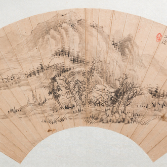 Chinese school: 'Mountainous landscape', ink on a fan leaf, dated 1883