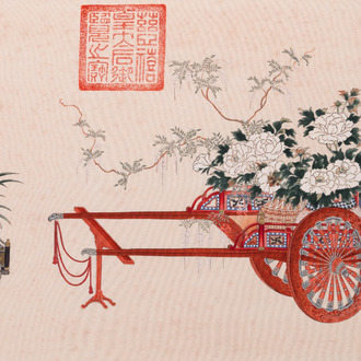 Suiveur de Qu Zhaolin 屈兆麟 (1866-1937): 'Trois chariots aux fleurs', encre et couleurs sur papier, daté 1945