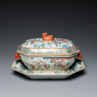 A Chinese octagonal famille rose 'mandarin subject' tureen and cover on stand, Qianlong