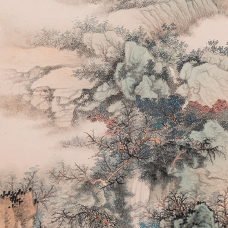 Wang Jiqian 王季遷 (1906-2003): 'Landschap met waterval', inkt en kleur op papier, gedateerd 1996