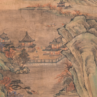 Navolger van Qiu Ying 仇英 (1494-1552): 'Berglandschap met paviljoenen', inkt en kleur op zijde, gedateerd 1545 maar wellicht later