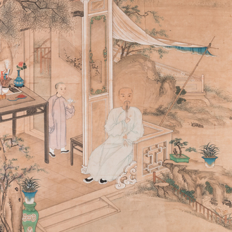 Chinese school: 'A scholar and his servant on a terrace', ink and colour on paper, 18/19th C.