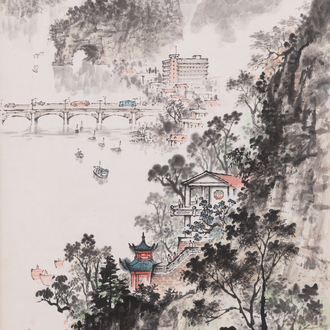 Qian Songyan 錢松嵒 (1899-1986): 'Landschap met moderne gebouwen', inkt en kleur op papier, gedateerd 1974