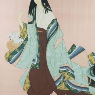 Japanse school, navolger van  Uemura Shoen (1875-1949): 'Jonge vrouw met bloemenmand', Showa, 20e eeuw