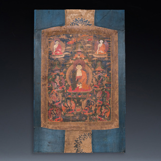 Thangka figurant Bhaisajyaguru, Tibet, 15/16ème