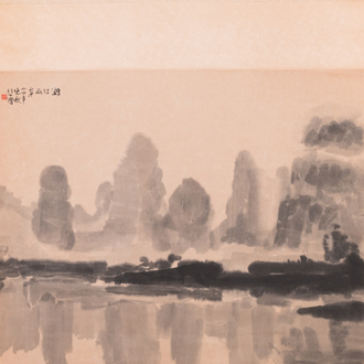 Xu Beihong 徐悲鴻 (1895-1953): 'Landschap met zes aalscholvers’, houtsnede door Rong Bao Zhai, 20e eeuw