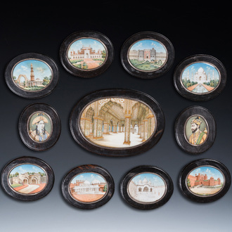 Indian school: Eleven Taj Mahal miniatures including the portraits of Shah Jaha and his wife Mumtaz Mahal, early 20th C.