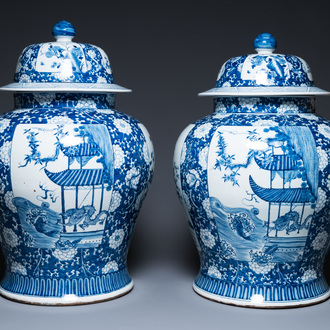 An exceptionally large pair of Chinese blue and white vases and covers, 19/20th C.