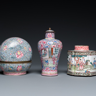 A Chinese Canton enamel covered vase, a covered bowl and a tea caddy, Qianlong