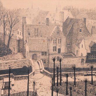 Léon De Smet (1881 – 1966): 'View on the Boniface bridge in Bruges', ink and pencil on paper