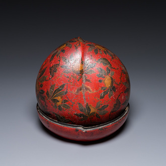 A Chinese peach-shaped painted lacquer box and cover, Qing