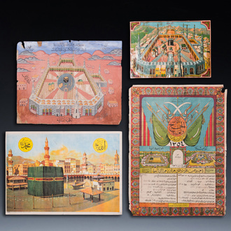 Perzische school: Een miniatuur en drie drukwerken met zicht op de Kaäba, 20e eeuw