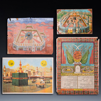 Persian school: One miniature and three prints of views on the Kaaba, 20th C.