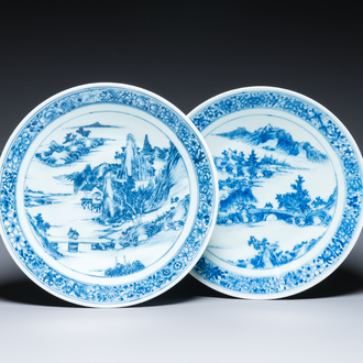 Two Chinese blue and white 'mountainous landscape' dishes, 19th C.