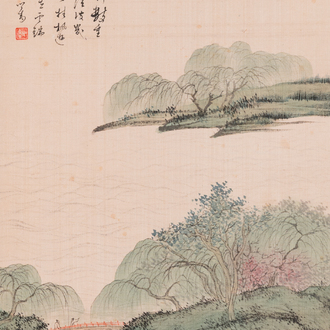 Toegeschreven aan Pu Xinyu 溥心畬 (1896-1963): 'Landschap met geleerden onder een wilg', inkt en kleur op zijde