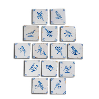 14 Dutch Delft blue and white 'bird' tiles, 17th C.