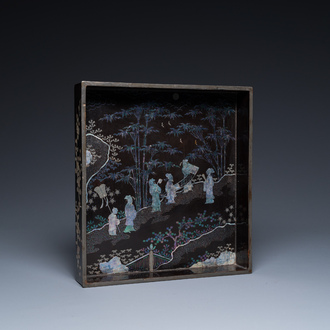 A square Chinese mother-of-pearl-inlaid black lacquer tray, 18th C.