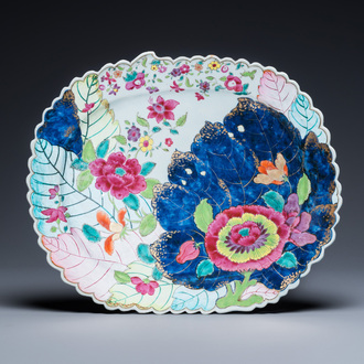 A large Chinese famille rose 'tobacco leaf' dish, Qianlong