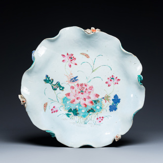 A large Chinese famille rose 'lotus' dish with applied design, Yongzheng/Qianlong