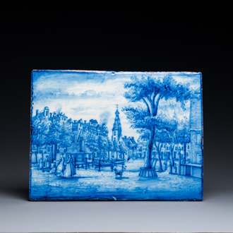 A Dutch blue and white Delft-style topographical plaque with figures on a bridge, probably Utrecht, 18/19th C.
