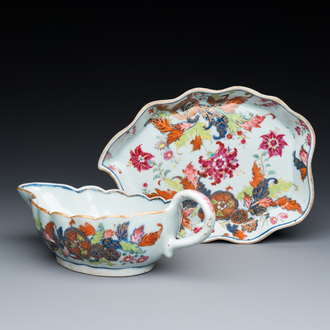 A Chinese famille rose 'pseudo-tobacco leaf' sauce boat on stand, Qianlong