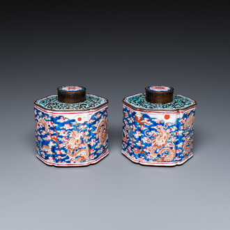 A pair of Chinese Canton enamel tea caddies and covers with dragons among clouds, Qianlong