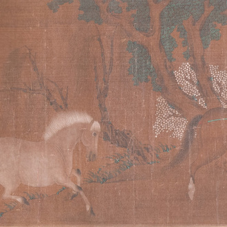 Chinese school: 'Two riders and eight horses', ink and colour on silk, probably Ming