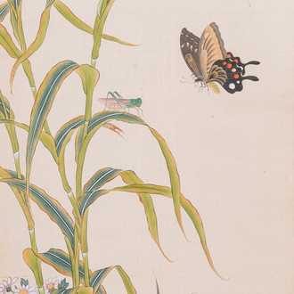 Zhao Hao 趙浩 '石佛' (1881-1949): 'Twee kwartels en insecten', inkt en kleur op zijde, gedateerd 1928