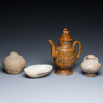 A Chinese qingbai-glazed ear cup, two celadon jarlets and a brown-glazed jug and cover, Han and later