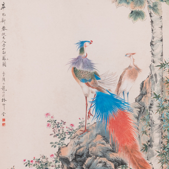 Follower of Yan Bolong 顏伯龍 (1898-1955): 'Two peacocks and two cranes', ink and colour on paper