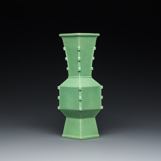 A rare Chinese lozenge-shaped monochrome lime-green-glazed vase, Republic